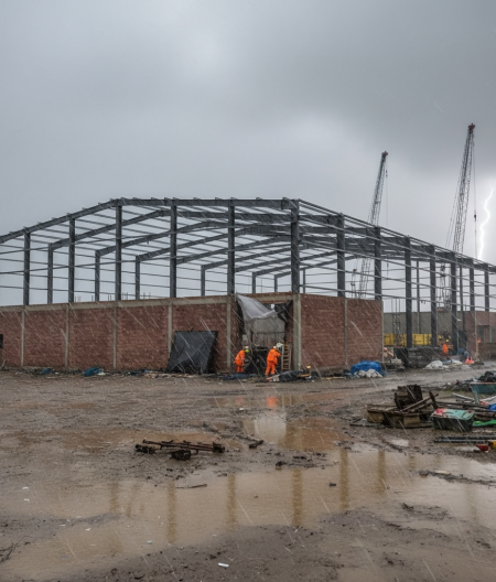 An industrial building in a storm sowing why windposts are important