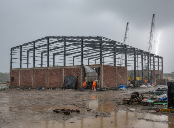 An industrial building in a storm sowing why windposts are important