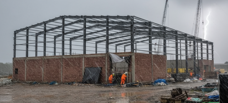 An industrial building in a storm sowing why windposts are important